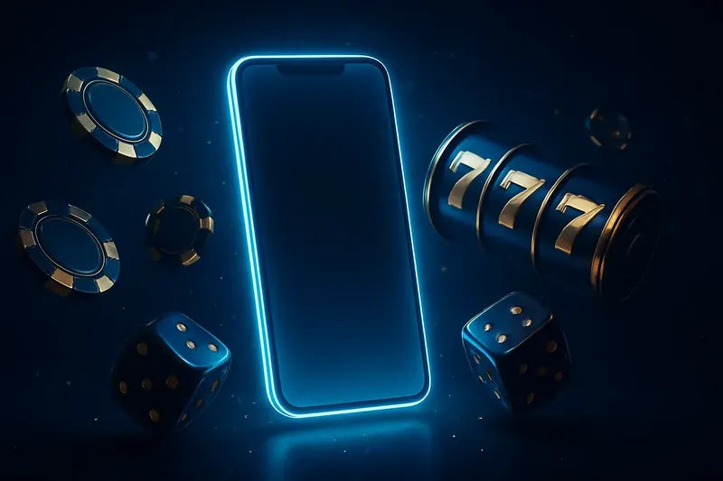 Glowing smartphone surrounded by casino chips, slot reels, and dice with gold accents on a dark background